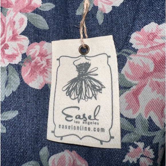 NWT EASEL Floral Distressed Oversized Blue Jean Denim Overalls / Jumpsuit - Picture 13 of 15